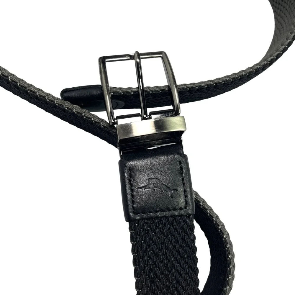 Tommy Bahama Men's Belt Two-Tone‎ Stretch Webbed Woven Belt Grey/Black L/XL EUC